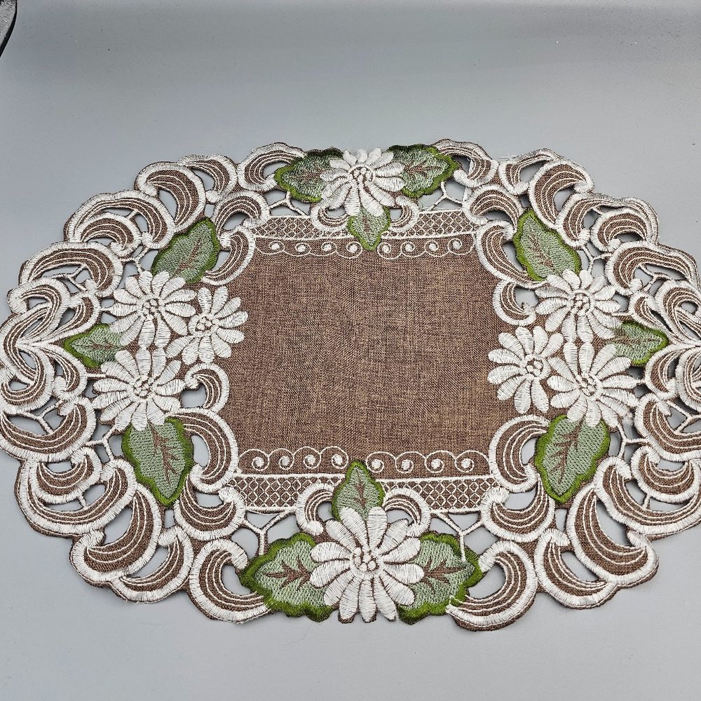 LAT Embroidered Floral Oblong Doily
